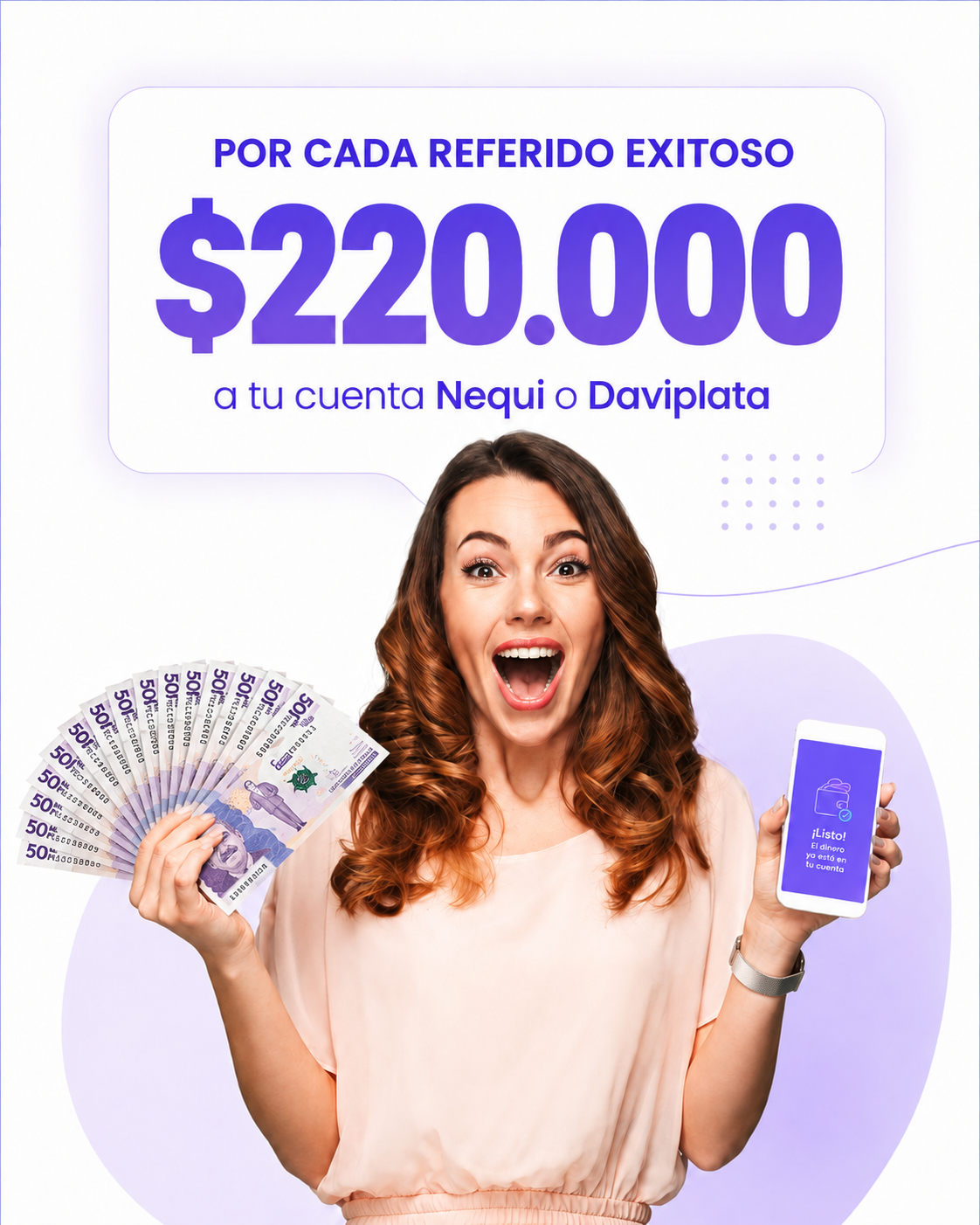 Por cada referido exitoso gana $220.000 a tu cuenta Nequi o Daviplata
